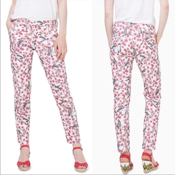 Desigual Wyoming Floral Bird Print Pants Size 4 Boho Quirky High Rise - Picture 1 of 8